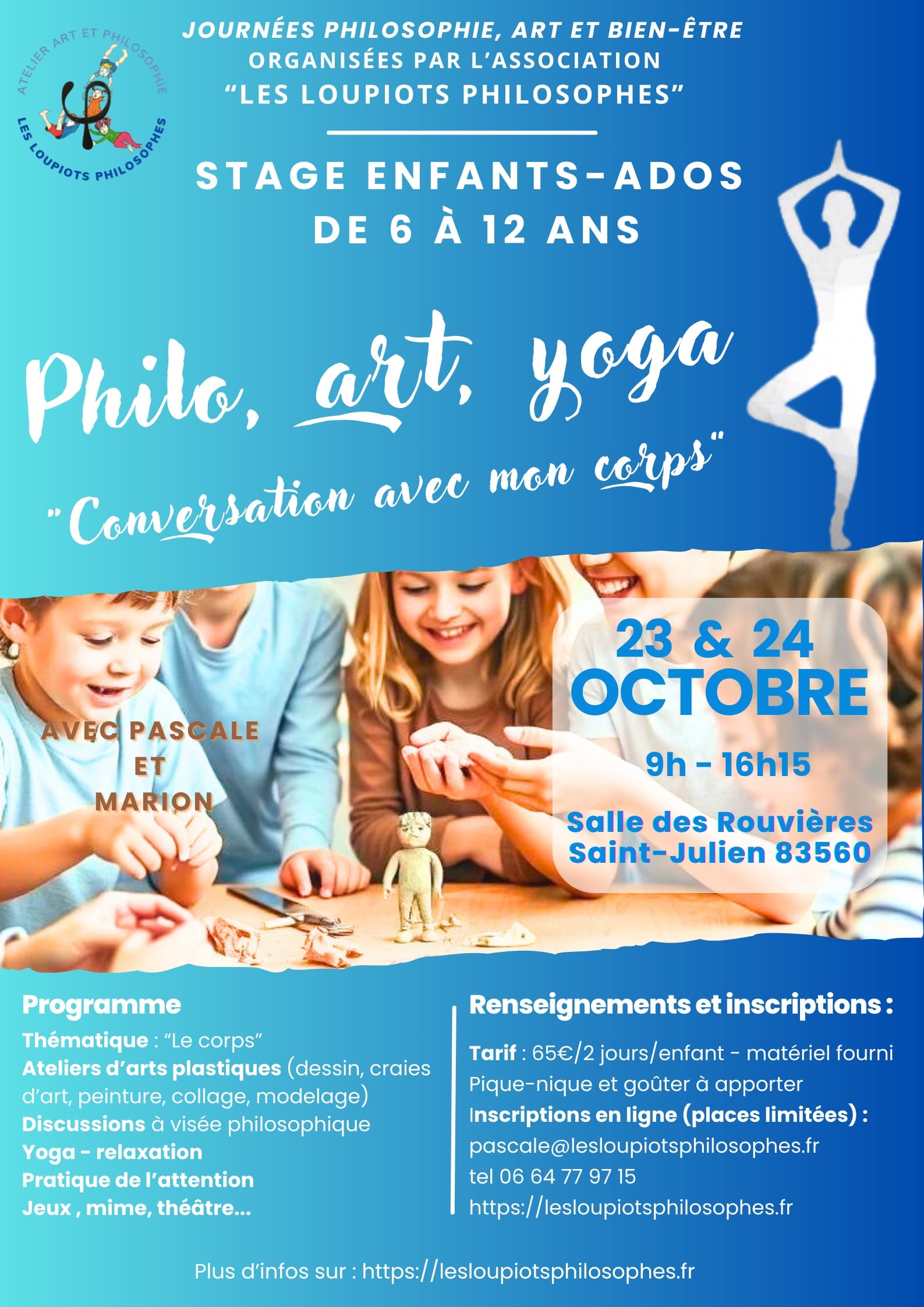 Affiche pour le stage « Conversation avec mon corps » à Saint-Julien-le-Montagnier les 23 et 24 octobre 2024